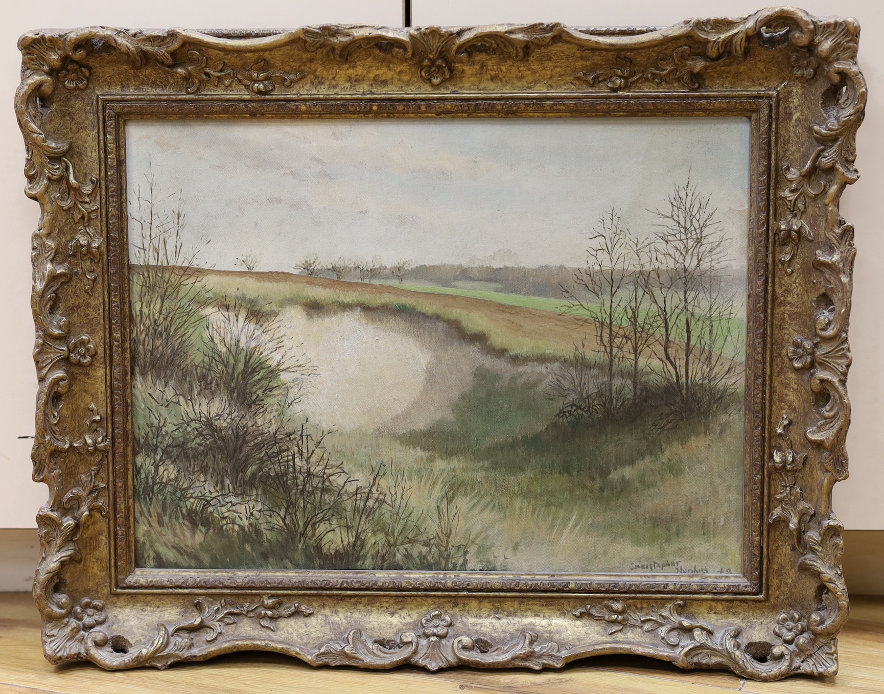 Christopher Hughes, oil on board, Chalkpit in a landscape, signed and dated '48, 29 x 39cm